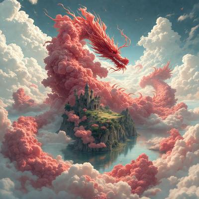 Primary subject: A dragon with pink and red scales.
Setting/background: A cloudy sky.
Visual style: Digital art.
Colors and mood: The dragon has pink and red scales, and the overall atmosphere is whimsical and fantastical.